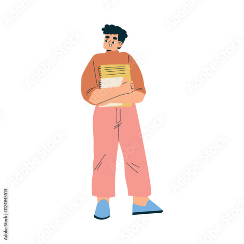 Boy Schoolkid Character with Notebook Standing Vector Illustration