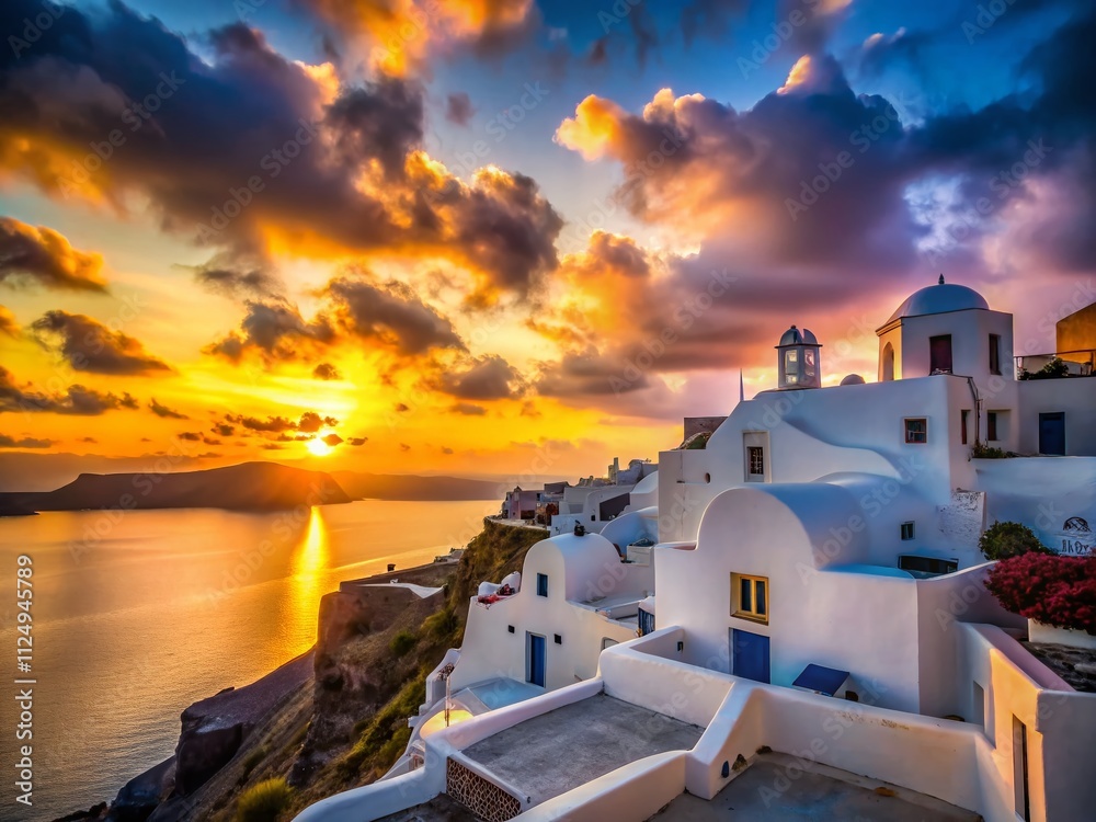 Obraz premium Captivating Silhouette of a White House in Oia City Against a Stunning Sunset Sky, Showcasing the Iconic Architecture and Tranquil Atmosphere of this Beautiful Destination