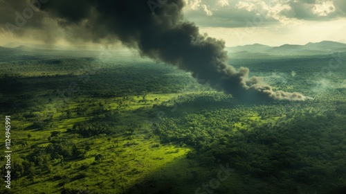 Majestic Landscape with Dramatic Smoke Plume Rising Above Green Hills