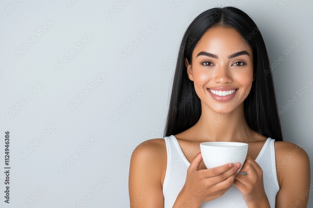 Caucasian woman with straight black hair smiles mischievously while holding a bowl in a bright studio setting Caucasian woman with straight black hair smiles mischievously while holding a bowl in a bright studio setting