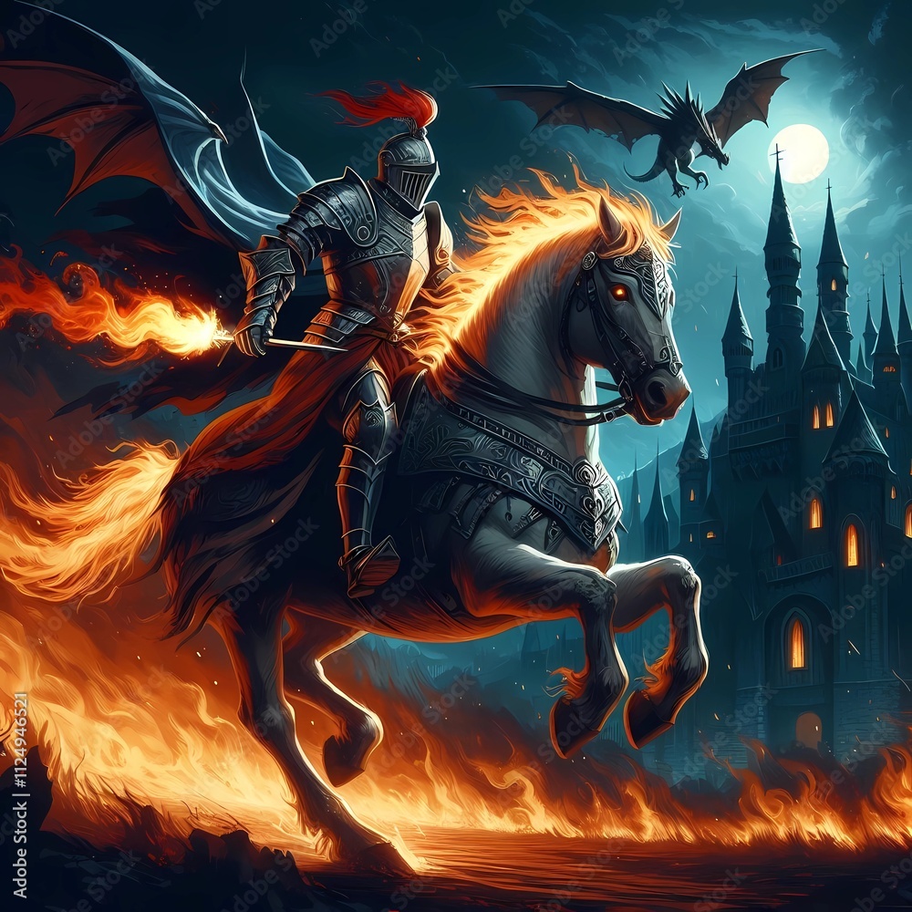 Obraz premium Knight of Fire in Armor Riding a Fire Horse.generative ai