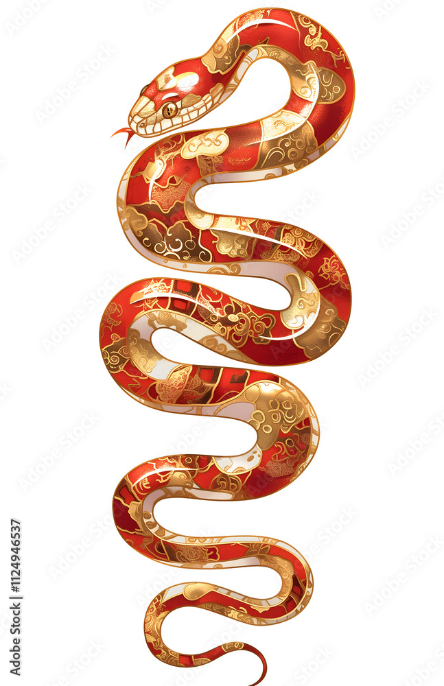 Obraz premium Chinese New Year 2025 Zodiac Snake. Chinese traditional art drawing of red snake with gold ornament on skin. Isolated clipart on white background