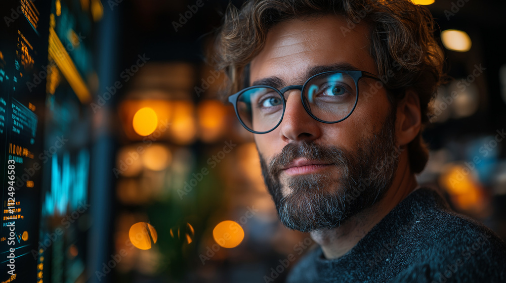 Focused Analyst: A portrait of a young, serious man with glasses, intently studying data on a screen. His expression reflects concentration and deep thought. Focused Analyst: A portrait of a young, serious man with glasses, intently studying data on a screen. His expression reflects concentration and deep thought.