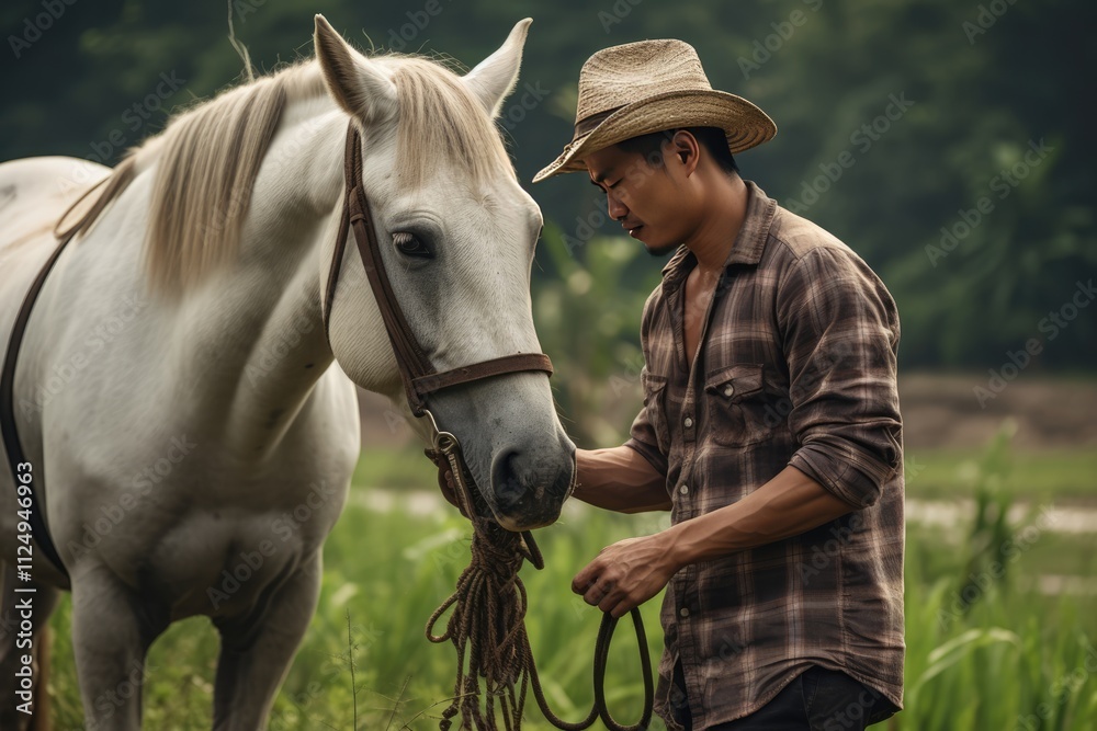 Cheerful Smiling Man Bonding with a Happy Horse in the Countryside Cheerful Smiling Man Bonding with a Happy Horse in the Countryside