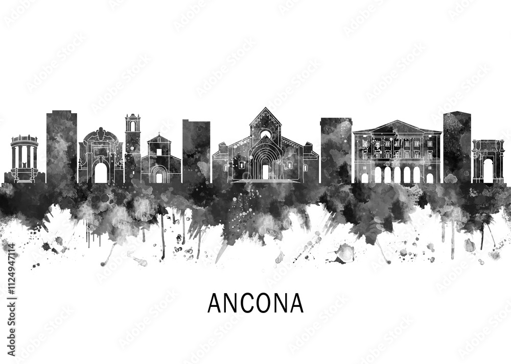 Obraz premium Ancona Italy Skyline BW, landscape watercolor abstract painting print poster Heilongjiang travel illustration urban art modern downtown landmarks