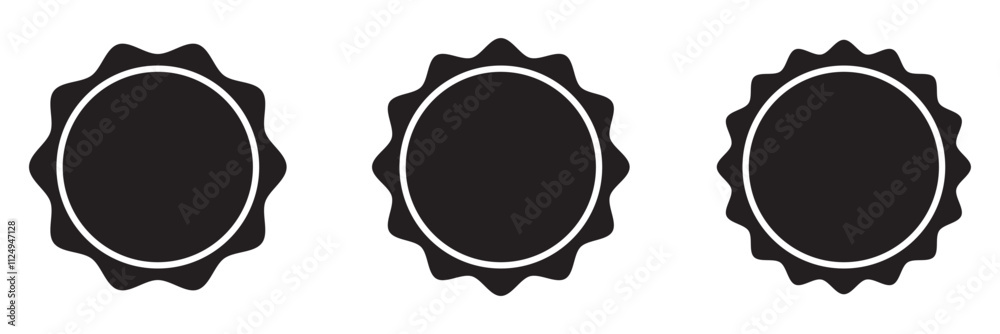 Circle sticker set. Wavy edge promo black badges. Star burst shape tags for price. Blank sale stickers. Simple silhouette. Flat vintage labels. Graphic illustration. Circle sticker set. Wavy edge promo black badges. Star burst shape tags for price. Blank sale stickers. Simple silhouette. Flat vintage labels. Graphic illustration.
