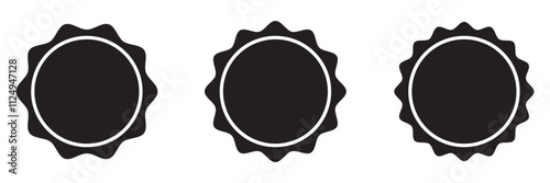 Circle sticker set. Wavy edge promo black badges. Star burst shape tags for price. Blank sale stickers. Simple silhouette. Flat vintage labels. Graphic illustration.