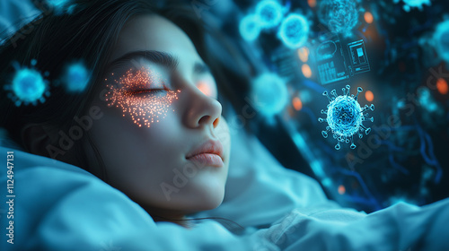 Sleeping Beauty in a Digital World: A young woman sleeps peacefully, surrounded by a mesmerizing array of digital viruses and data streams. The image evokes a sense of vulnerability, mystery.