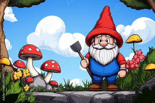 A pixel art depiction of a cheerful gnome holding a spade, surrounded by animated flowers and mushrooms in a colorful 8-bit garden photo