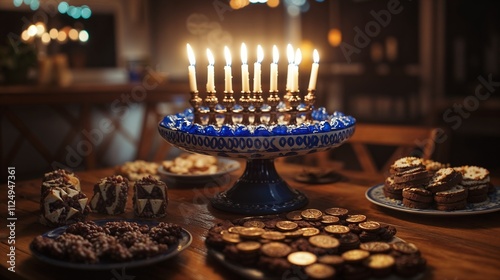 Traditional Hanukkah display with menorah and gelt on decorative stand photo