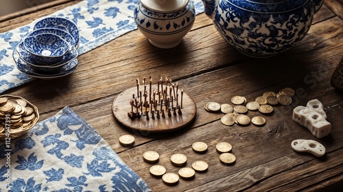 Traditional wooden game board with scattered gold coins and porcelain tea set photo