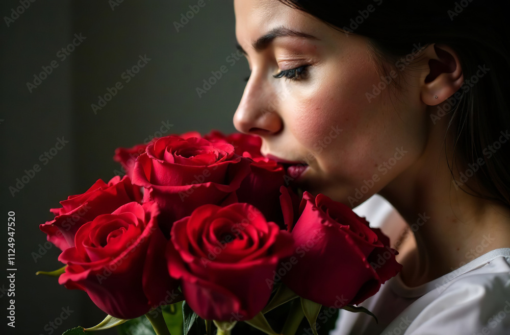 Woman sniffing bouquet of red roses, female flower flavor. AI Generative