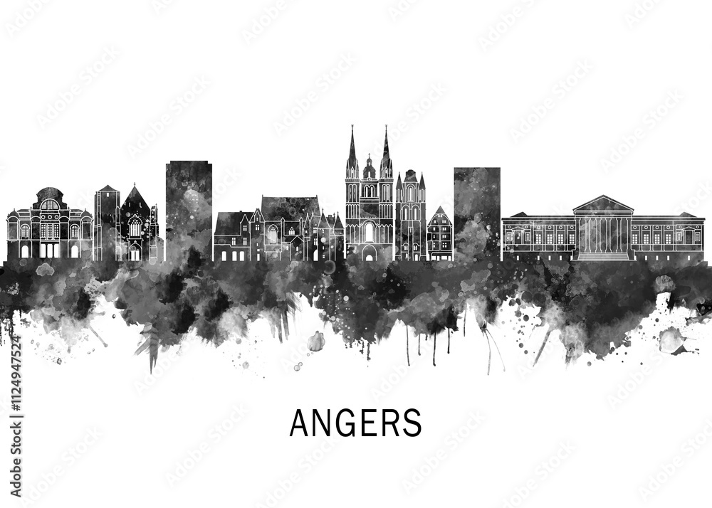 Obraz premium Angers France Skyline BW, landscape watercolor abstract painting print poster Heilongjiang travel illustration urban art modern downtown landmarks