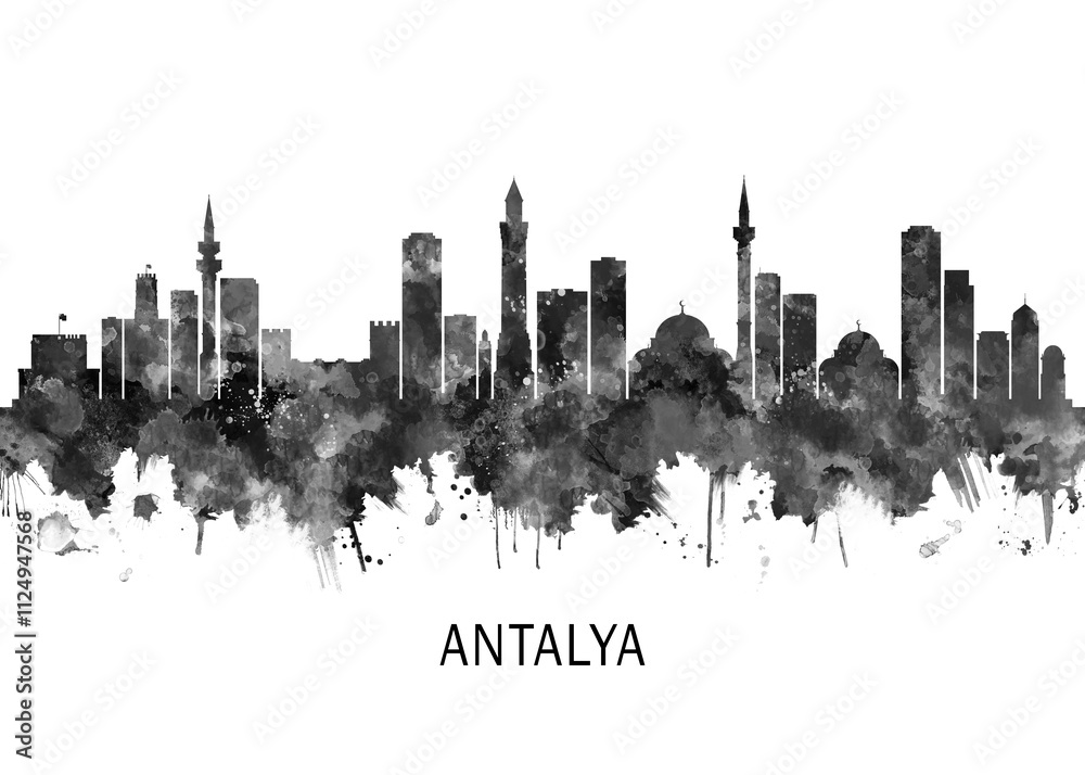 Antalya Turkey Skyline BW, landscape watercolor abstract painting print poster Heilongjiang travel illustration urban art modern downtown landmarks Antalya Turkey Skyline BW, landscape watercolor abstract painting print poster Heilongjiang travel illustration urban art modern downtown landmarks