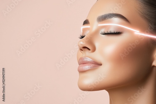 Satisfied mid-age woman with glowing skin and technological lines on face against a beige background