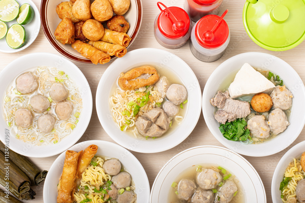 Bakso sapi, Various beef meatballs with accompaniments on wooden table. Most popular Indonesian foods Bakso sapi, Various beef meatballs with accompaniments on wooden table. Most popular Indonesian foods