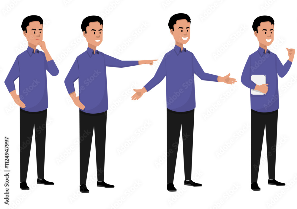Young man's outfit Posing wearing a purple shirt and black pants. Standing with different poses set isolated vector illustration. Young man's outfit Posing wearing a purple shirt and black pants. Standing with different poses set isolated vector illustration.
