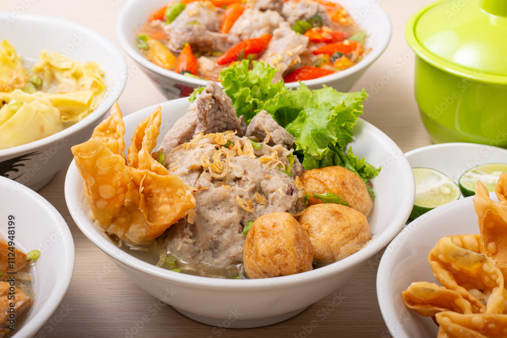Bakso sapi, Various beef meatballs with accompaniments on wooden table. Most popular Indonesian foods Bakso sapi, Various beef meatballs with accompaniments on wooden table. Most popular Indonesian foods