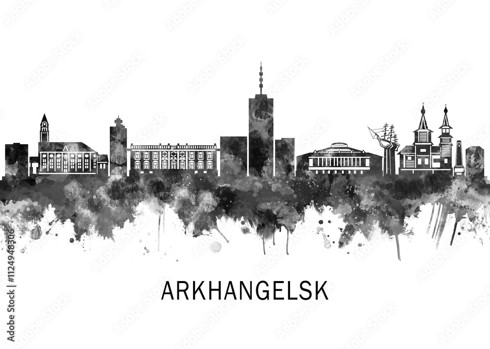 Naklejka premium Arkhangelsk Russia Skyline BW, landscape watercolor abstract painting print poster Heilongjiang travel illustration urban art modern downtown landmarks