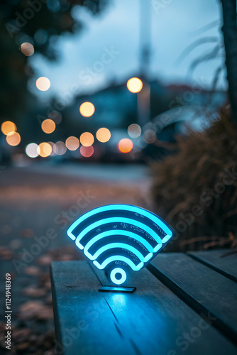 A glowing Wi-Fi symbol on a sidewalk, Blue Wi-Fi symbol glowing with blurred bokeh background, representing wireless internet connection and digital connectivity