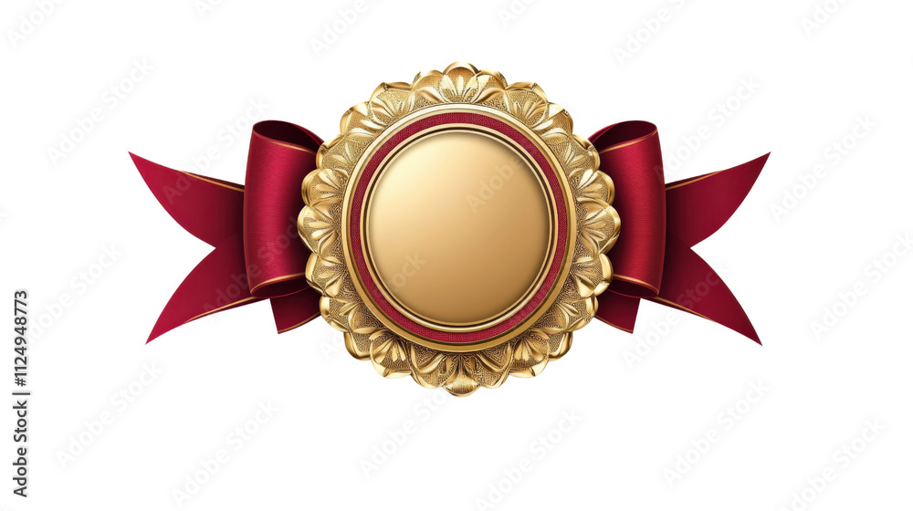 Gold emblem with red ribbon on white isolated background. Gold emblem with red ribbon on white isolated background.