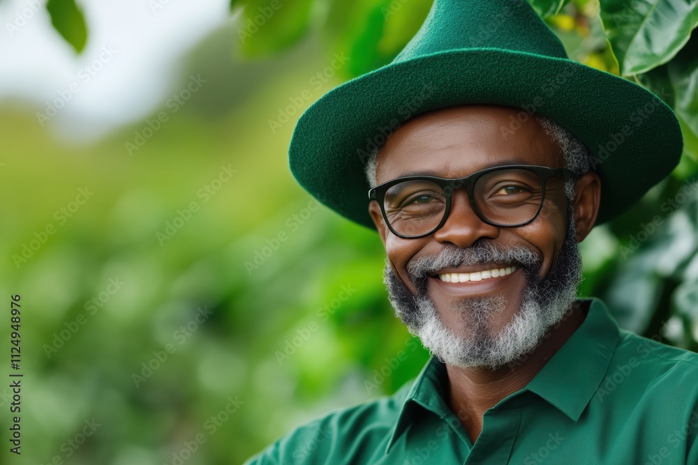 Happy old African man smiles joyfully at a vibrant coffee plantation under the sunlight while surrounded by lush greenery and coffee plants Happy old African man smiles joyfully at a vibrant coffee plantation under the sunlight while surrounded by lush greenery and coffee plants