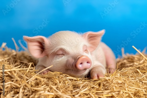 A serene image of a dwarf piglet lying in a bed of straw, its adorable small features and round body highlighted photo