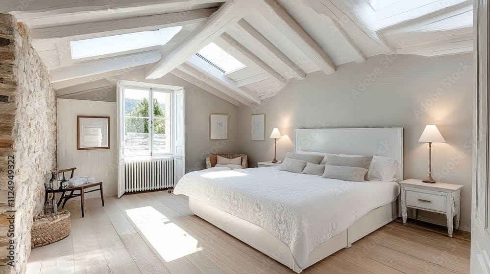 Skylights and a white bed in a Scandinavian-style bedroom. Skylights and a white bed in a Scandinavian-style bedroom.