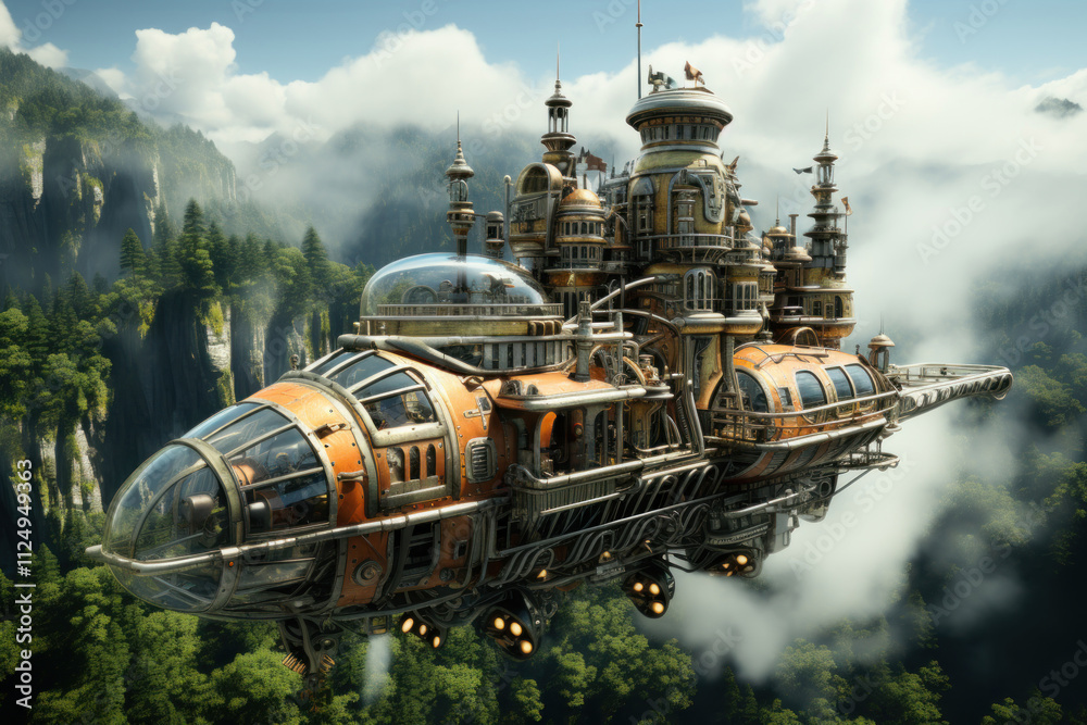 Obraz premium Incredible large hot air balloon in steampunk style,