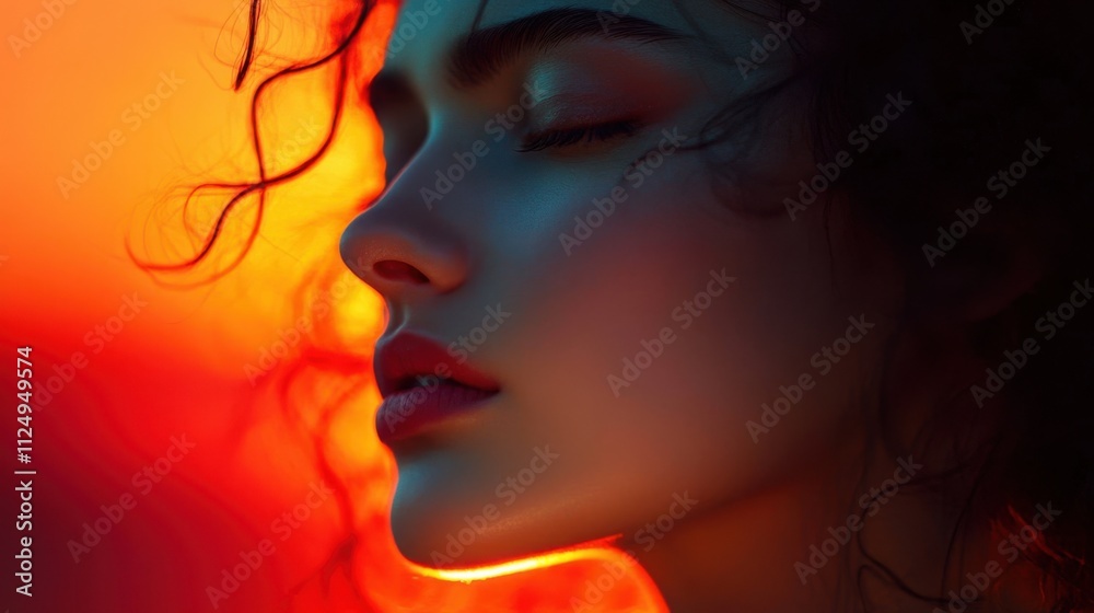 Captivating Portrait of Woman in Vivid Red and Blue Neon Lights Captivating Portrait of Woman in Vivid Red and Blue Neon Lights