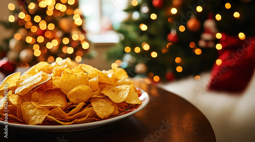 Plate of chips on table against the background of Christmas tree. Copy space. 