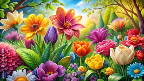 Captivating Spring Floral Background in Color Engraving Style with High Depth of Field, Showcasing Vibrant Blossoms and Lush Greenery for Seasonal Aesthetic and Nature Inspired Decor