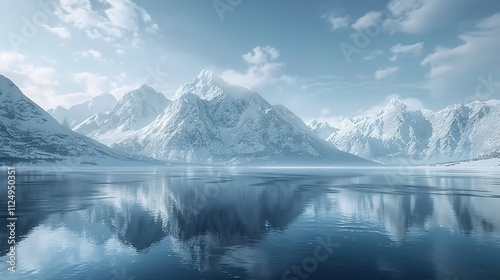 Snowy mountains reflecting in a calm lake under a clear blue sky.