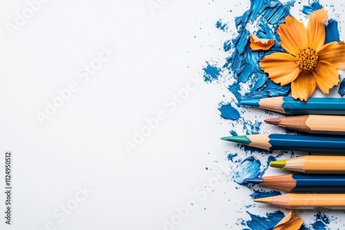 A set of colored pencils laid out in a gradient, with a partially finished colorful drawing of flowers on the side photo