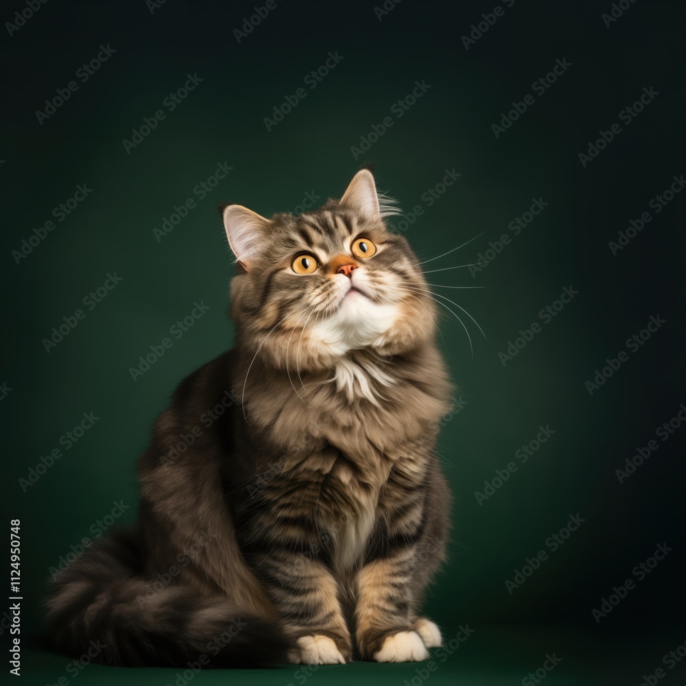 Fluffy cat with striking orange eyes poses gracefully against a dark green background Fluffy cat with striking orange eyes poses gracefully against a dark green background