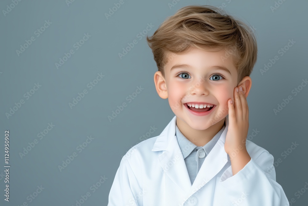 Excited Canadian boy in lab coat smiling and posing against gray background Excited Canadian boy in lab coat smiling and posing against gray background