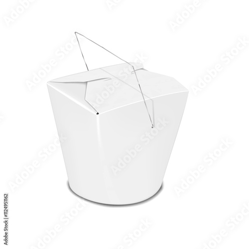 Chinese takeout round bottom paper noodle box with metal wire handle. 3d mock-up. Blank white paperboard takeaway Asian food carry box. Realistic vector mockup. Wok container. Template for design