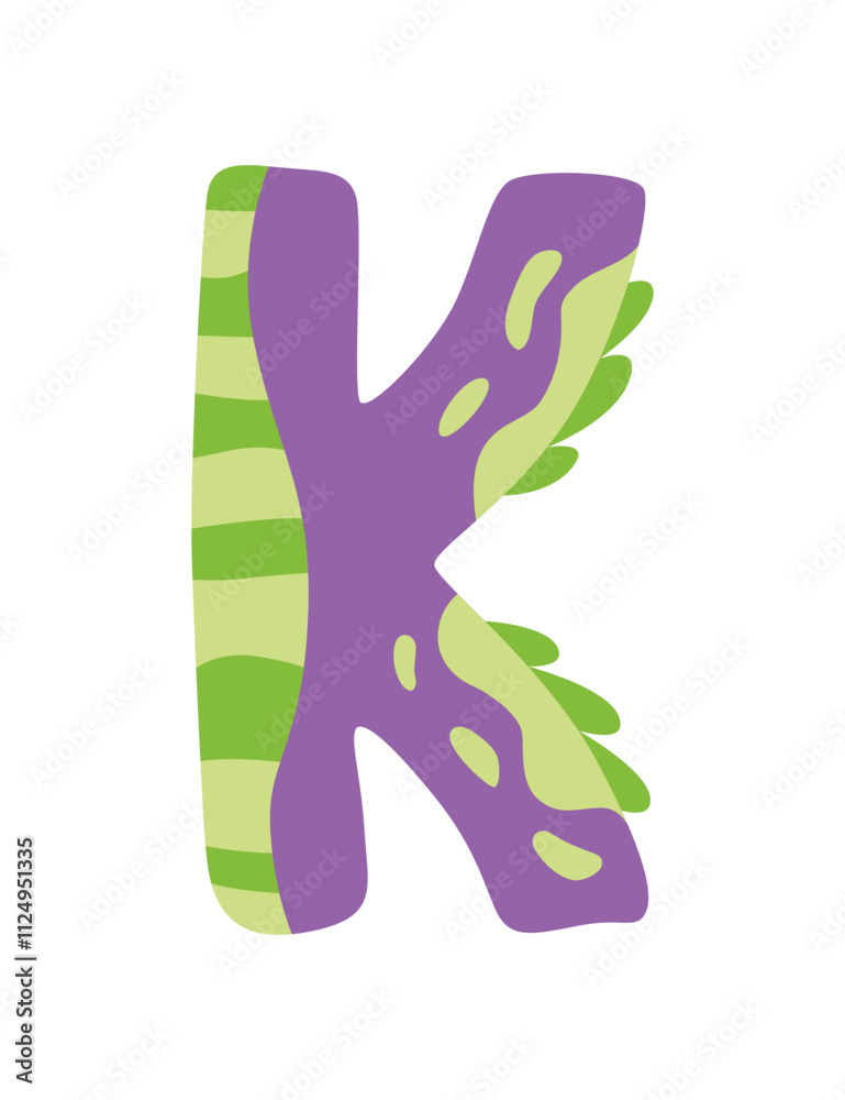 Dinosaur alphabet symbol. Letter K of English alphabet shaped as dino. Children colorful cartoon funny fictional character ABC. Vector flat icon isolated on white background Dinosaur alphabet symbol. Letter K of English alphabet shaped as dino. Children colorful cartoon funny fictional character ABC. Vector flat icon isolated on white background