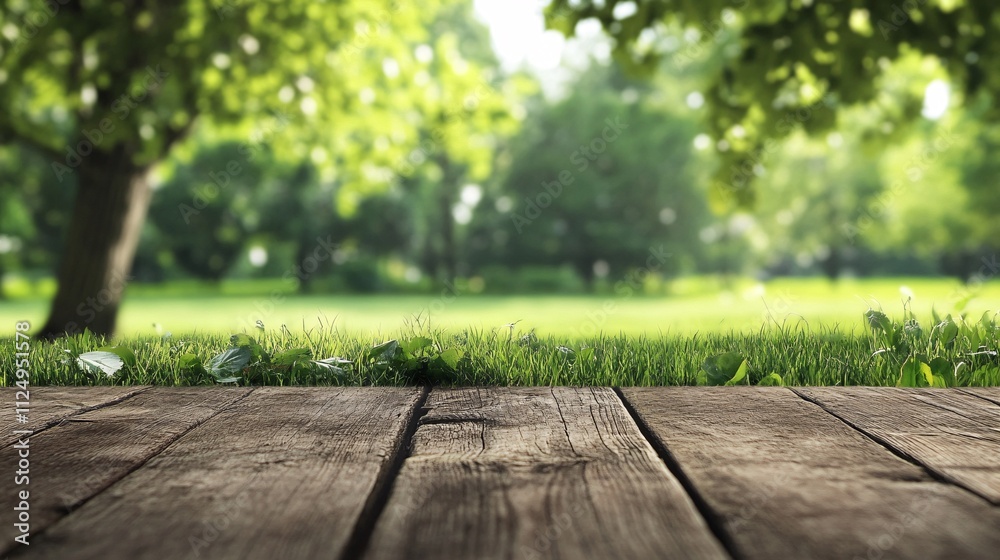 Empty wooden table with blurred park background Empty wooden table with blurred park background