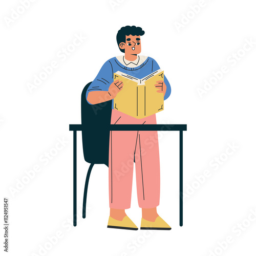 Boy Schoolkid Character in School Sit at Desk Have Lesson Vector Illustration
