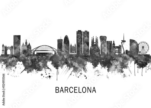 Photography Barcelona Spain Skyline BW, travel art illustration urban modern downtown landma