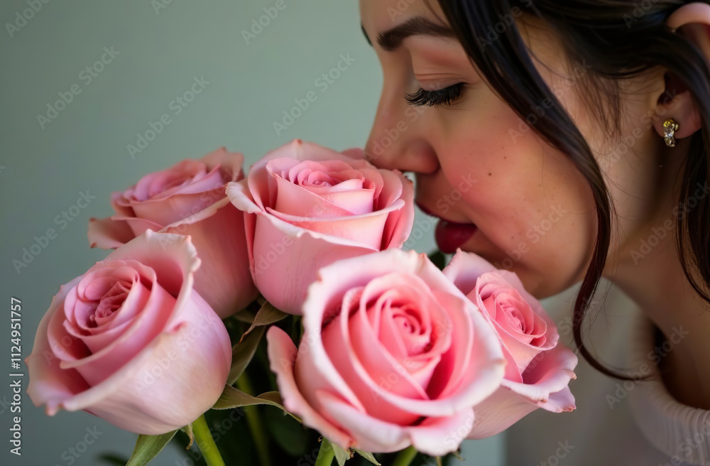 Woman sniffing bouquet of pink roses, female flower flavor. AI Generative Woman sniffing bouquet of pink roses, female flower flavor. AI Generative