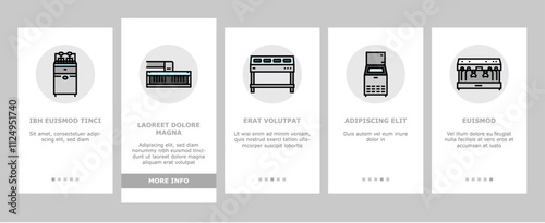 restaurant equipment kitchen cafe onboarding mobile vector fryer commercial, professional industry, clean utensil, interior fridge, stainless restaurant equipment kitchen cafe illustrations