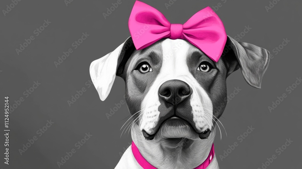 Dog in black and white illustration with a bright pink bow on his ear, generative ai