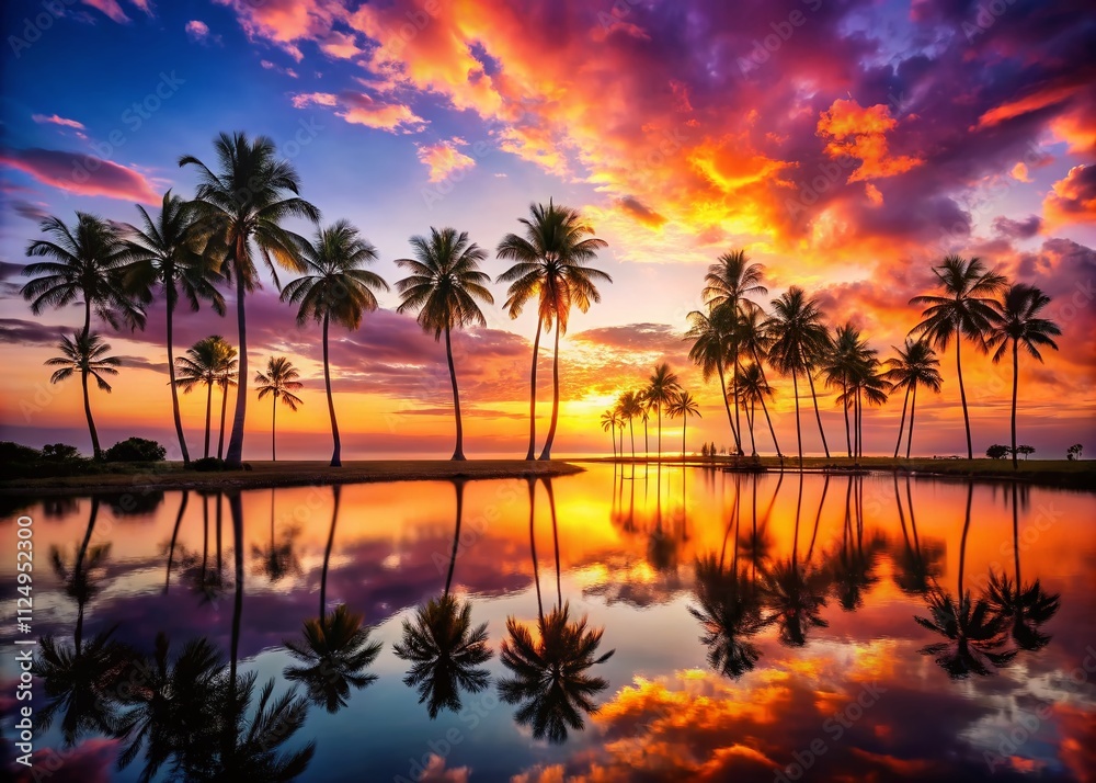 Captivating Sunset Over Exotic Palm Trees in a Lush Tropical Paradise, Showcasing Vibrant Colors and Silhouettes of Nature's Beauty for Dreamy Escapes Captivating Sunset Over Exotic Palm Trees in a Lush Tropical Paradise, Showcasing Vibrant Colors and Silhouettes of Nature's Beauty for Dreamy Escapes