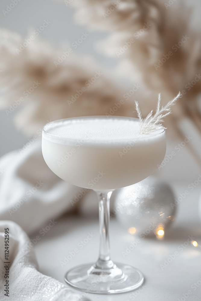 White Creamy Christmas Cocktail with Pampas Grass in Minimalist Aesthetic White Creamy Christmas Cocktail with Pampas Grass in Minimalist Aesthetic
