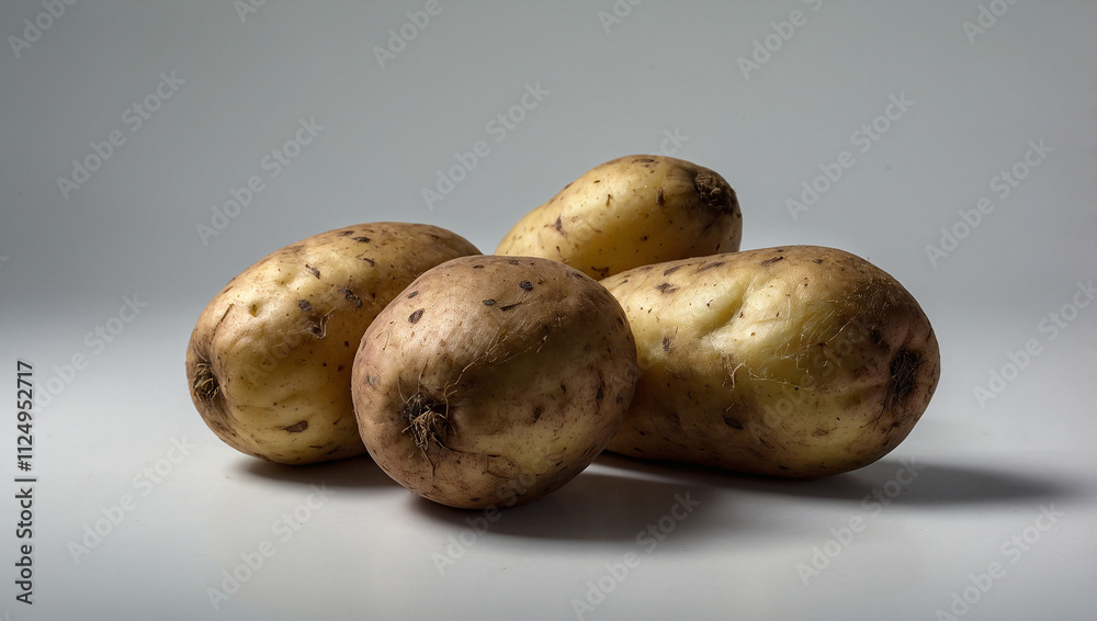 Four light brown potatoes are clustered together.
Four light brown potatoes are clustered together.