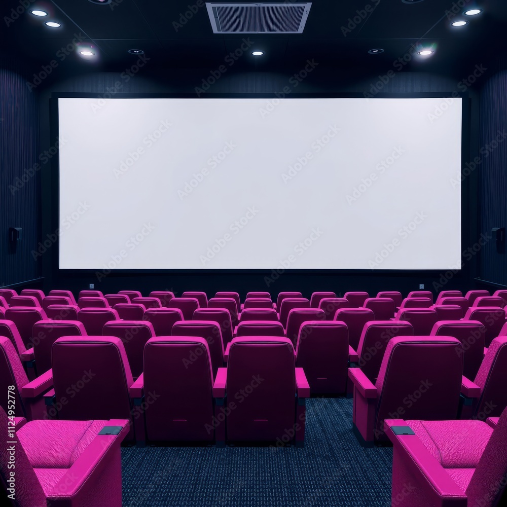 Cinema movie theatre with pink seats and a blank white screen horizontal banner banner mockup advertising blank business display template Cinema movie theatre with pink seats and a blank white screen horizontal banner banner mockup advertising blank business display template