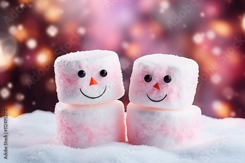 Cute little marshmallow snowman decoration with cozy winter background photo