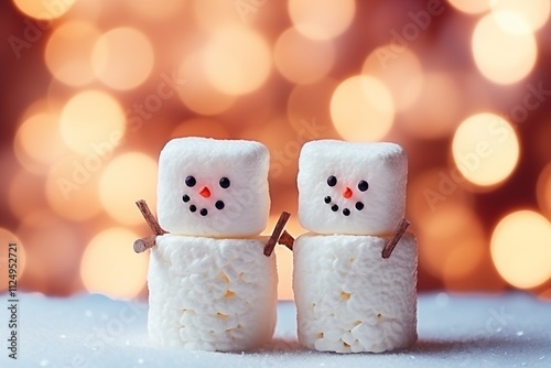 Cute little marshmallow snowman decoration with cozy winter background photo